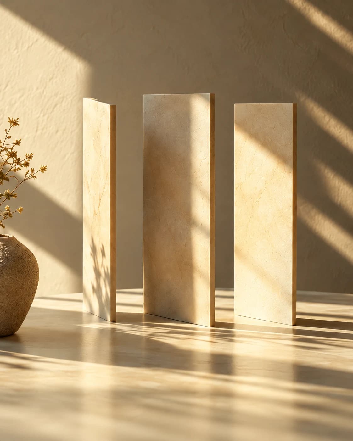 Afternoon light and soft shadows on cream sculptural panels.